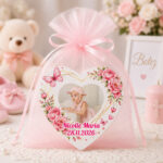Marturie Magnet Inima, Botez, Trandafiri, Fluture Roz, 8 cm, MB032 - imagine 3