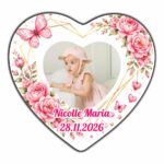 Marturie Magnet Inima, Botez, Trandafiri, Fluture Roz, 8 cm, MB032 - imagine 2