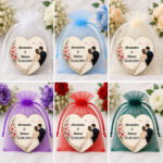 Marturie Lemn, Nunta, Inima, Flori Roz, 8 cm, MLN011 - imagine 2