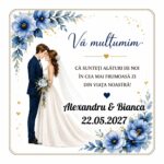 Marturie Lemn, Nunta, Patrat, Flori Albastre, 8 cm, MLN015