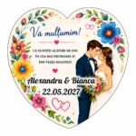 Marturie Lemn, Nunta, Inima, Flori Multicolore, 8 cm, MLN023