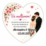 Marturie Lemn, Nunta, Inima, Flori Roz, Frunze, 8 cm, MLN024