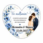 Marturie Lemn, Nunta, Inima, Flori Albastre, Frunze, 8 cm, MLN025
